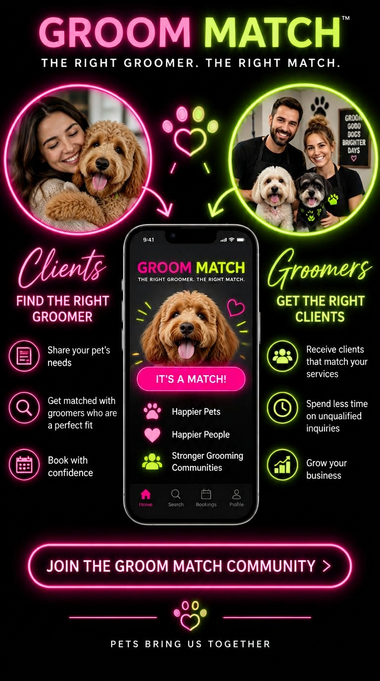 Pet owner searching for a groomer on one side, a groomer receiving the match notification on the other, with the Groom Match neon logo as the glowing connection in the middle