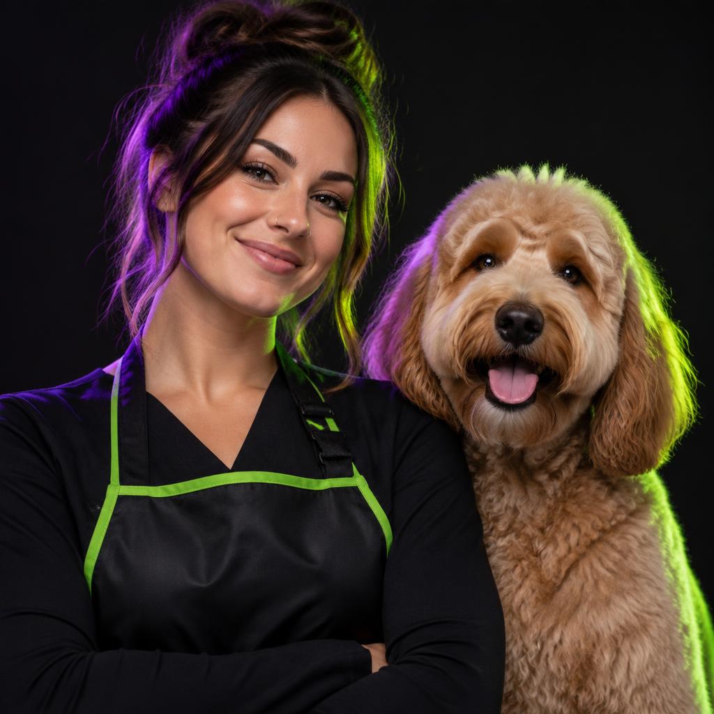 Happy professional groomer with a freshly groomed dog